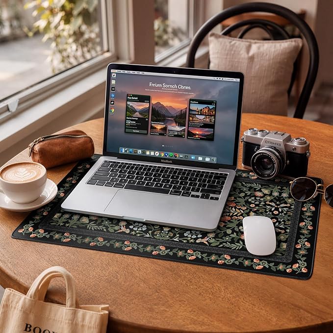 iCasso Aesthetic Flower Mouse pad for Laptop, Desk Pad Mat, Vintage Desk Matt for Desktop 13.7"x23.6", Anti-Slip Mousepad with Stitched Edges for Laptop Computer Keyboard(Black)