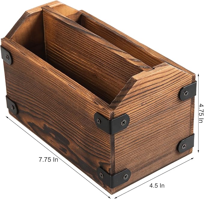 Brown Torched Wood Remote Control Organizer Burnt Wooden Tabletop Storage Caddy Two Compartment Holder TV Game Consoles Cell Phone Kitchen Utensils Office Supplies Living Room Home Bedroom