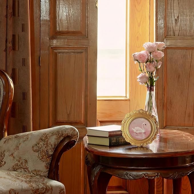 Pink Swan Round Picture Frame Wall Decor,Preppy Coquette Goose Gold Mini Ornate Photo Frame for TableTop Desk 2.7in Photo,Vintage Framed Artwork for Girly Room Walls Office Bedroom Shelf