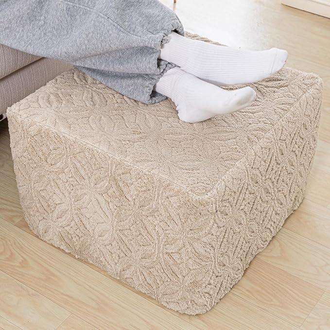 Furry Square Pouf Ottoman – 20"x14" One-Piece Seamless Integral Foam Foot Stool Ottoman Foot Rest Living Room Bedroom Under Desk (Light Coffee)