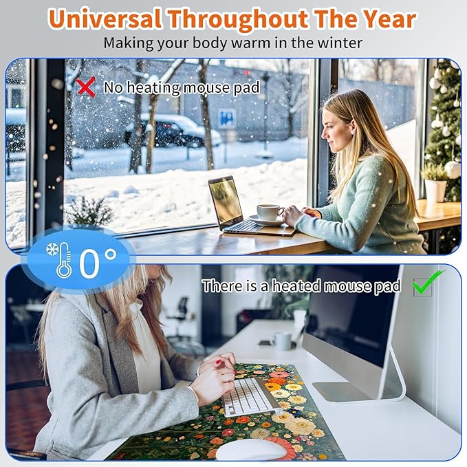 Heated Mouse Pad,Warm Desk Pad with 3 Levels Heating & 3 Hours Auto Shut-Off, PU Leather Heated Desk Pad Warmer Pad for Home Office - 23.6 x 14.2 inch,Wildflowers