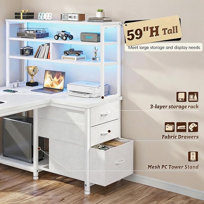 DurayLoly 55''L Shaped Desk Gaming Desk with 3 Fabric Drawers & Shelf, 55 Inch Computer White Desk with Remote LED Lights, Power Outlet of Corner Desk for Home Office,Vanity Desk for Bedroom,White