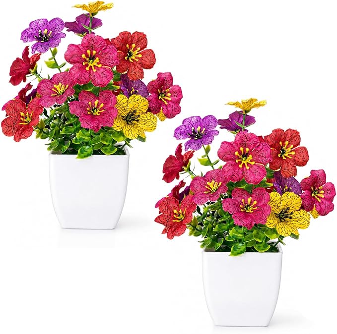 Artificial Flowers in Pots, Small Plant Decor, Fake Potted Flowers Indoor, Mini Artificial Plants & Fake Flowers with Pot for Home Office Kitchen