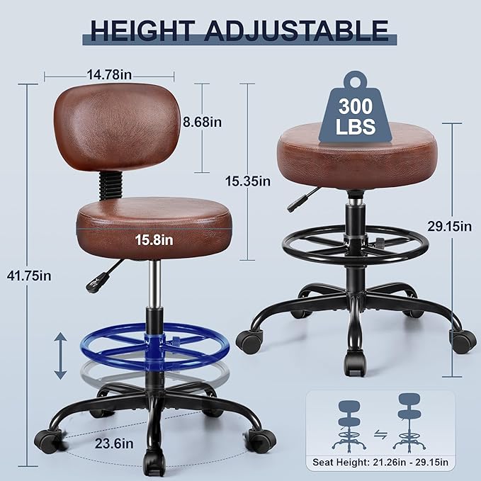 Brick Attic Drafting Chair with Backrest – Adjustable Foot Rest Rolling Stool with Wheels, PU Leather Swivel Stool for Office Spa Studio Lab Counter Salon Home Work Bar Kitchen Shop(Ember Brown)