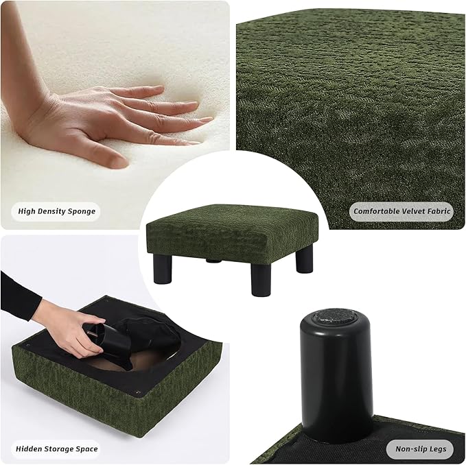Joveco Small Foot Rest Stool Ottoman, 3D Velvet Square Upholstered Footstool for Chair, Under Desk, Office, Living Room, Deep Green