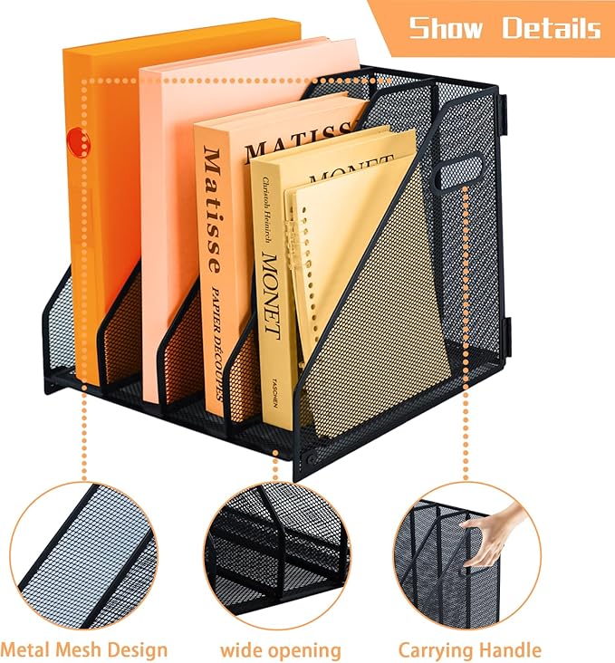 Desk file organizer metal desk magazine folder holder with 4 Vertical Compartments File Organizer for Office Home School, Black