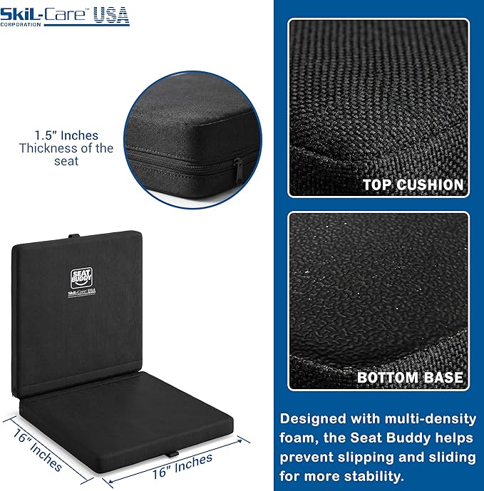 Skil-Care Seat Buddy Portable Seat Cushion, Foldable Chair Cushions with Non-Slip Bottom for Office Chair, Recliner Chair, Stadium Seats, Wheelchair, Travel, 16"x16", Polyester Black, 914351