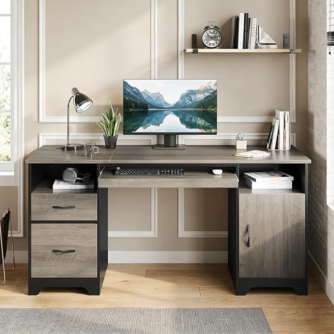 Bestier 59”Executive Desk with 2 Drawers,Computer Desk with Storage Cabinet,Industrial Wood Desk with File Drawer,Keyboard Tray & 2 Pedestals for Home Office & Studio,Gray