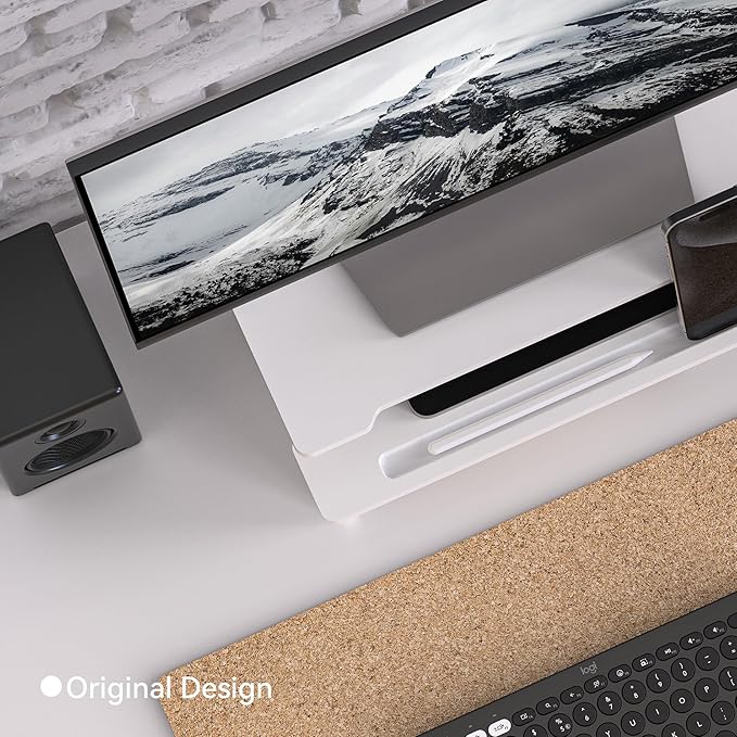 Computer Monitor Stand Riser, 16.5 Inch Wood Desk Shelf Storage Organizer with Phone Tablet Holder, White