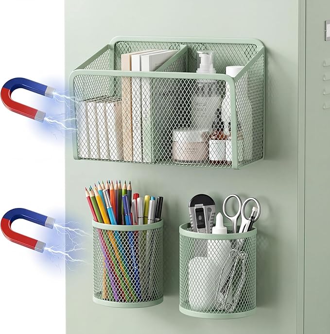 Marspark 3 Pcs Magnetic Pen Holder Set Metal Pencil Holder with Strong Magnets Wire Mesh Storage Basket Organizer for Locker Accessories Whiteboard Refrigerator School Office Dorm(Sage Green)