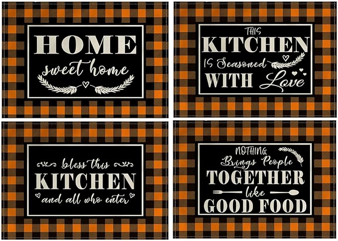 4Pack Farmhouse Decor Placemats Orange White Buffalo Plaid Kitchen Inspirational Quotes Decor Table Mats Waterproof Heat Resistant Washable Non-Slip Place Mats for Dinner Kitchen Decor Table 12”×16”