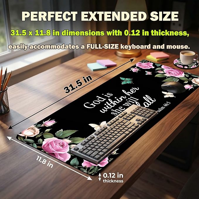 Extended Mouse Pad 31.5 x 11.8 Inches Decorative Desk Mat Mousepad with Stitched Edges for Home Office, Waterproof Washable, Includes Matching Coaster Bible Christ