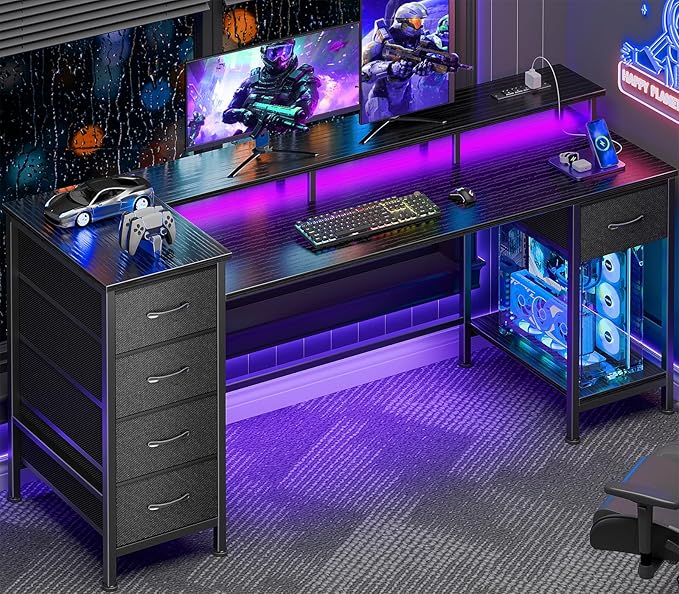 Korfile 61 Inch Computer Gaming Desk with Power Outlets & LED Lights Reversible Home Office Desk with Adjustable 5 Fabric Storage Drawers for Working Writing Study, Black