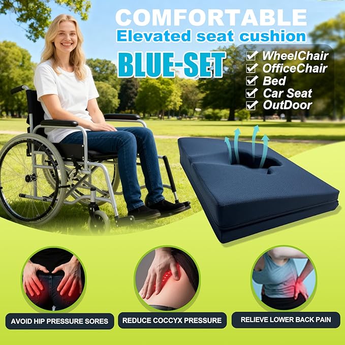Gel Wheelchair Seat Cushion,Bed Sore Cushions for Butt,hemorrhoid Pillow,Sciatica,Coccyx,Pressure Sore & Ulcer Pain Relief Butt Pillow for Office Chair (Set Blue)