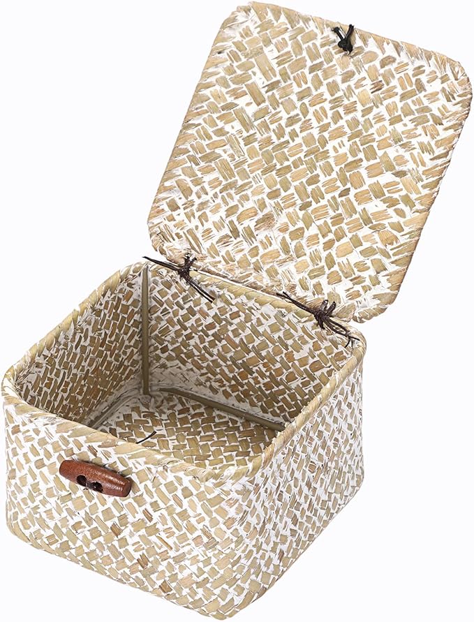Hipiwe Handwoen Seagrass Basket with Lid Key Holder Box for Entry Decorative Mini Shelf Basket, Whitewash 3.5" x 3.5" x 2"
