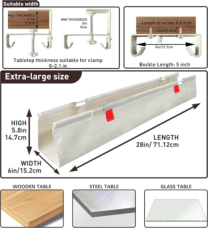 Under Desk Cable Management No Drill – 28" L x 6" W Cord Organizer, Upgraded Silicone Pads (No Scratch), 16 Cable Slots, Washable PE Honeycomb Base, Fits Desks 0–2.1" Thick, Beige