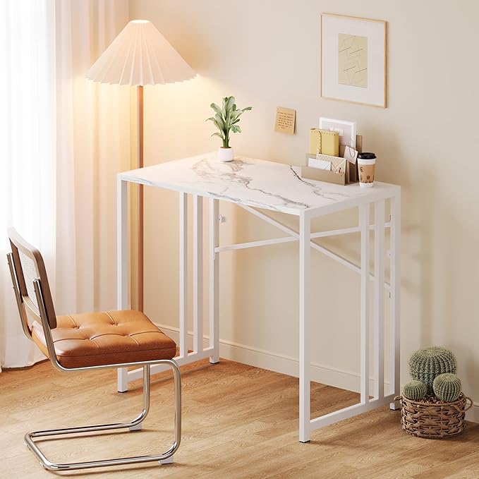 Lutown-Teen 35 inch Folding Small Desk, Writing Gaming Computer Camping Desk for Small Spaces, No Assembly Required Home Office Table, White Marble