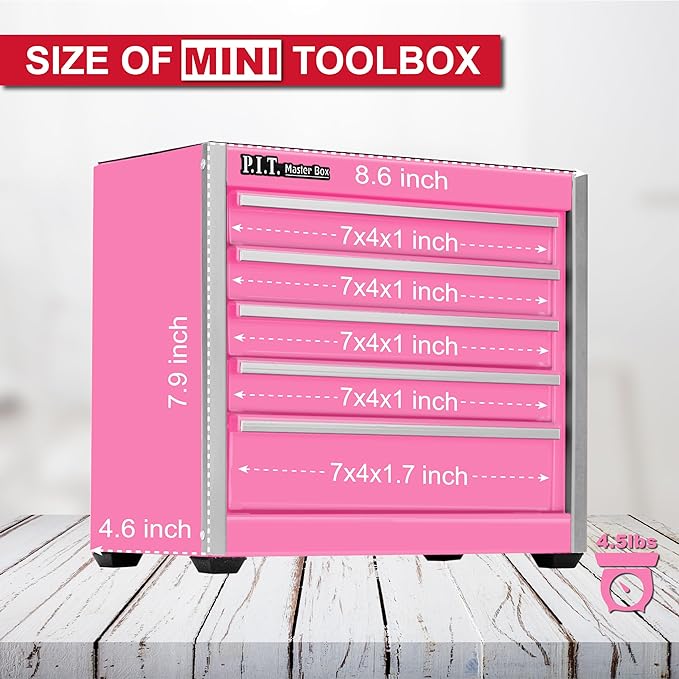 P.I.T. Mini Tool Box 8.6"W X 4.6"D, Portable 5-Drawer Micro Steel Stackable Toolbox with Liner, Pink Cute Tool Case for Small Tools Parts Storage, Home DIY