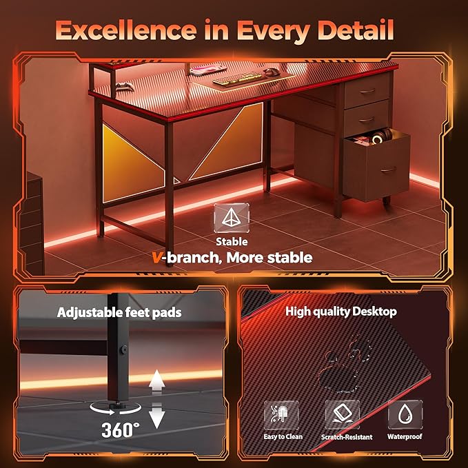 Mericonia 63 inch Computer Desk with Storage Drawers & Monitor Stand, Reversible Gaming Desk with LED Lights & Power Outlets, Large Gaming Table for Home Office