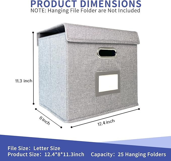 4 Pack Hanging File Folder Box with Lid, Durable Letter Size Filing Storage Box, Sturdy File Holder with Cardboard Support PVC Rails for Office Home Organizer, Gray