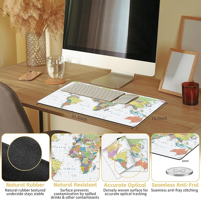 Colored Map Extended Large Gaming Mouse Pad World Map XXL Mousepad Desk Pad Mat for Keyboard and Mouse, Non Slip Rubber Base Mousepad with Stitched Edges for Work Game, 31.5 x 15.8 in
