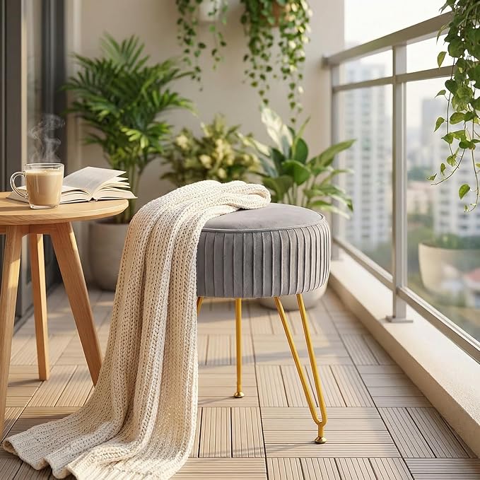 Velvet Vanity Stool Chair, Modern Ottoman Foot Rest Stool with Adjustable Golden Legs, Makeup Chair for Vanity, Multifunctional Makeup Stool for Vanity, Small Vanity Chair for Bedroom, Grey