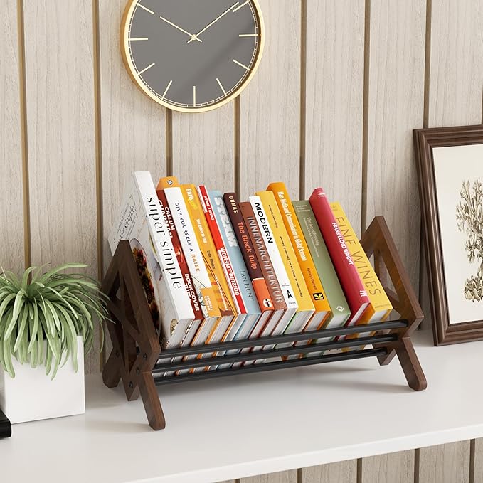 Desktop Bookshelf Organizer, Wood Office Tabletop Book Storage Rack, Tilting Bookcase for Books/CDs/Magazine Display (Black)