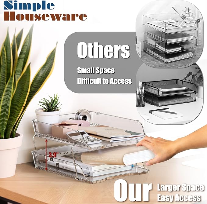 Simple Houseware 2-Tier Clear Stackable Letter Tray Organizer – Desktop File Holder for A4/Letter Size Paper, Document Sorter, Office Desk Paper Organizer, Transparent File Storage