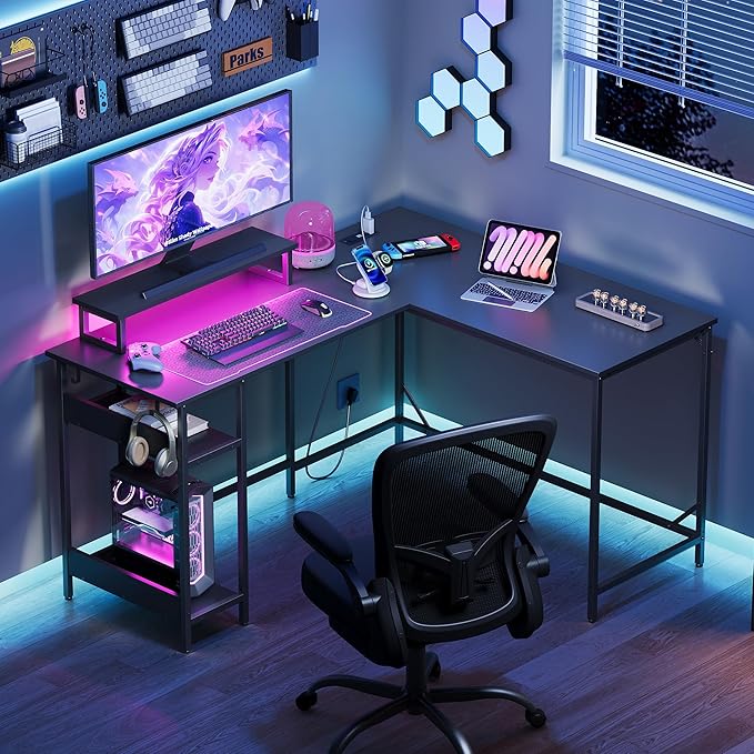 DEVAISE Spacious 55" L Shaped Gaming Desk with LED Lights and Power Outlets - Reversible Corner Computer Table with Monitor Stand and Storage Shelves for Work and Gaming, Black