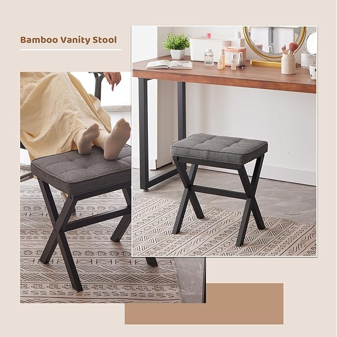 Foot Stool Small Ottoman Foot Rest Padded Foot Stool Desk for Under Office Desk Vanity Stool Bamboo Footstool Sofa Footrest Shoe Stool Small Foot Stools (Black Legs + Gray)