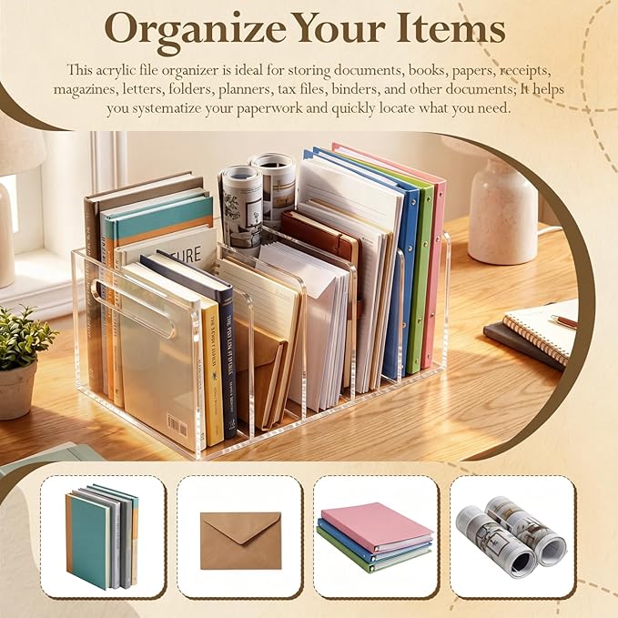Didaey 2 Pcs Acrylic Magazine File Holder, 5 Vertical Compartments Desk Sorter Organizer Magazines Documents Books Accessories Clear Folder Rack Binder for Office Home (B5,5 Sections,Clear)