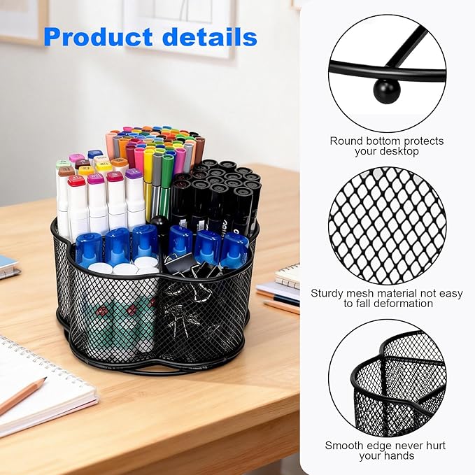 360 Degree Rotating Desk Pen Organizer, Pen Holder for Desk with 4 Compartments,Silverware Organizer for Kitchen Counter,Vanity Makeup Brush Stand, Multi-Functional Pencil Holder for Supplies