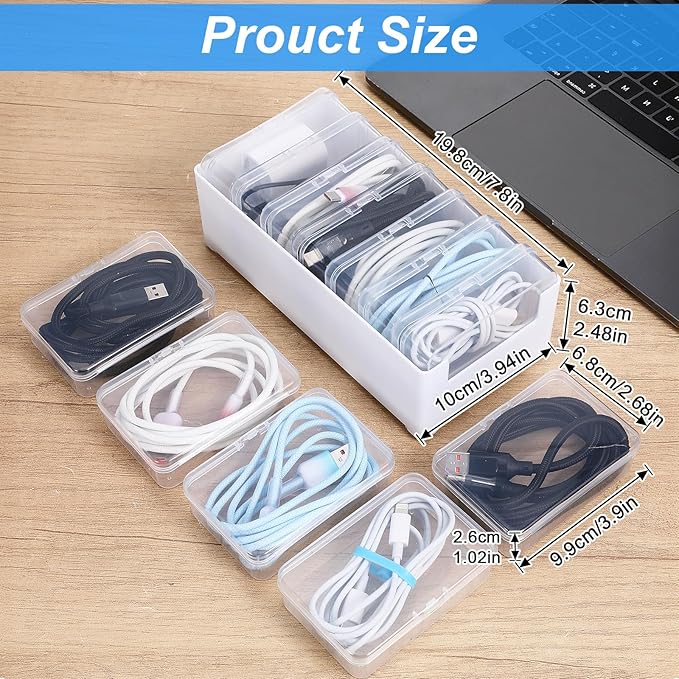 2 Set Cable Organizer Box with 14 Clear Switch Case, Desktop Charger Cord Storage Organizer Box, Charger Cable Organizers for Home Office Desk Accessories Wire Organization Stationery Supplies (White)