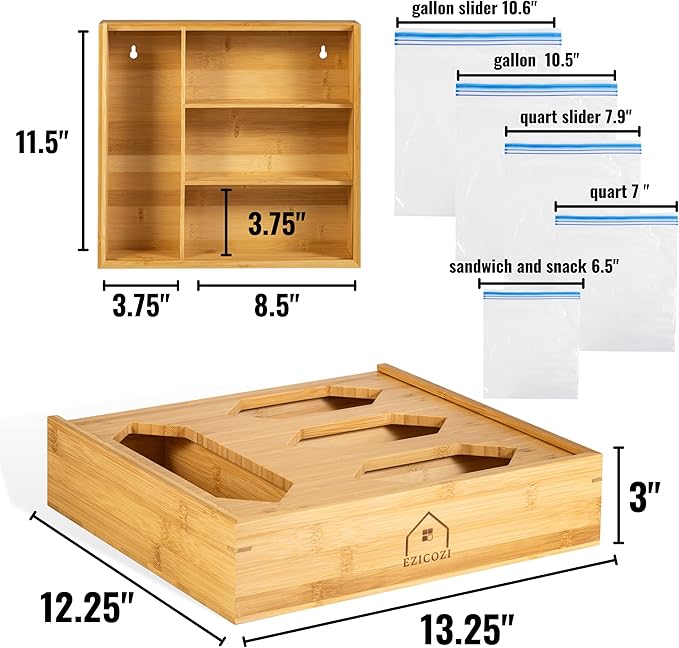 Bamboo Ziplock Bag Organizer for Kitchen Drawer – 4 Compartments for Gallon, Quart, Sandwich & Snack Bags – Includes Label Stickers