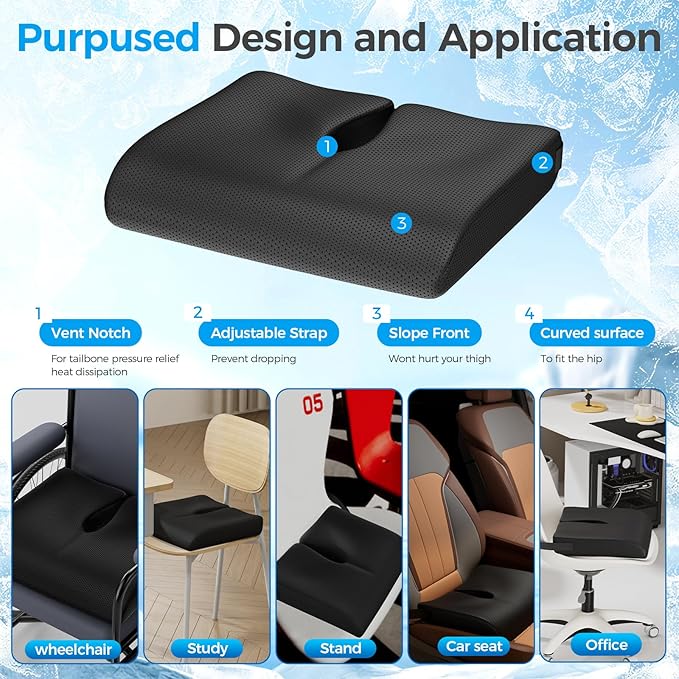 Breathable Chair Cushion,18x16 Office Chair Pad Wheelchair Wheel Chair Seat Cushion for Sciatica, Tailbone, Coccyx, Pressure Sore Relief. Ergonomic Thick, Medium Firm Anti-Slip