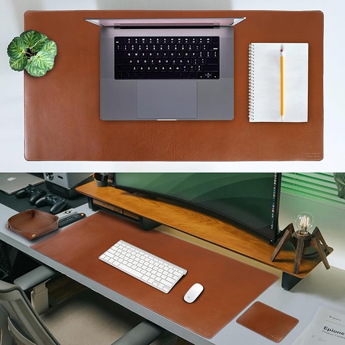 ELIZO Leather Desk Pad Real Leather Desk Mat Thick (3mm) Double Layer (31x15.6) Cover Blotter Desk Protector Large Computer Mat for Keyboard Mouse Pad Table Laptop Mat Office Accessories - Camel
