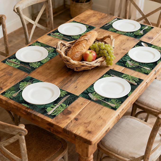 Linen Placemats Set of 6, Tropical Leaves Washable Table Mats 12x18 Inch, Heat Resistant Non Slip Placemats for Dining Table Kitchen Everyday Use