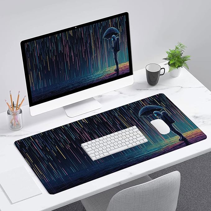 Funny Astronaut Gaming Mouse Pad Vertical Meteor Shower Rain Extended Mousepad Waterproof Stitched Edges Rubber Base Non-Slip Deskmap Computer Keyboard Mat 31.5x11.8 Inch