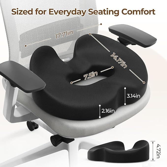 TushGuard Ergonomic Donut Pillow Seat Cushion with Raised Rear Support, Large Memory Foam Cushion for Tailbone, Hemorrhoids & Sciatica Relief, Office Chair, Car, Travel, Postpartum, Black