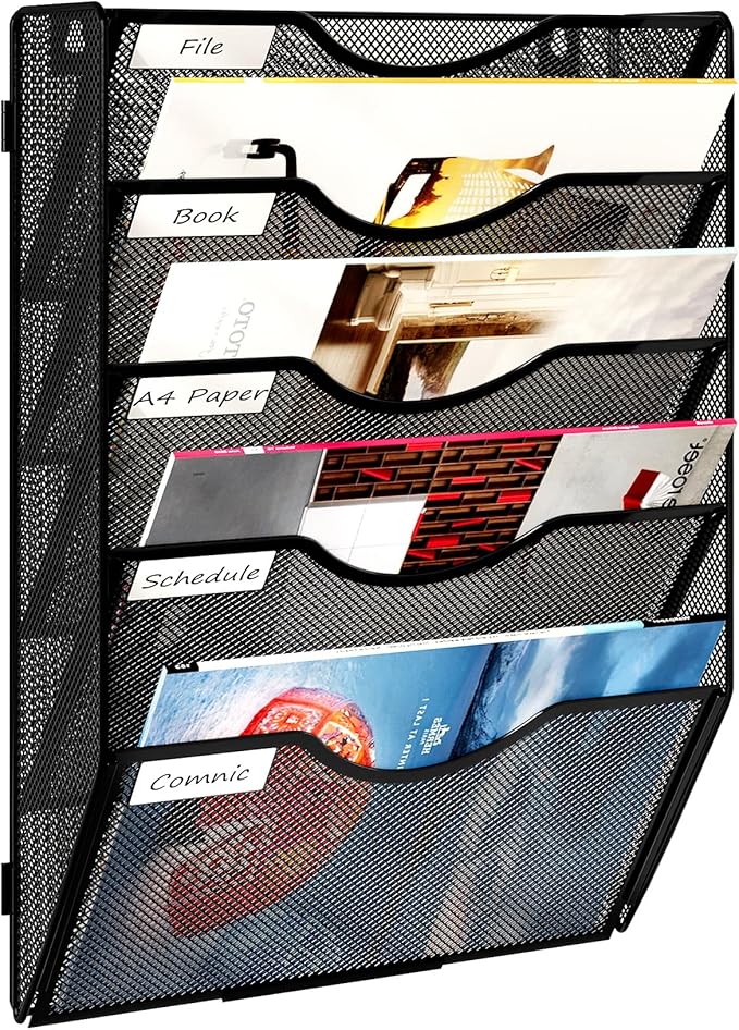 Wall Hanging File Holder 5 Pocket Wall Mounted Paper Organizer Magazine File Holder Storage Rack,Black