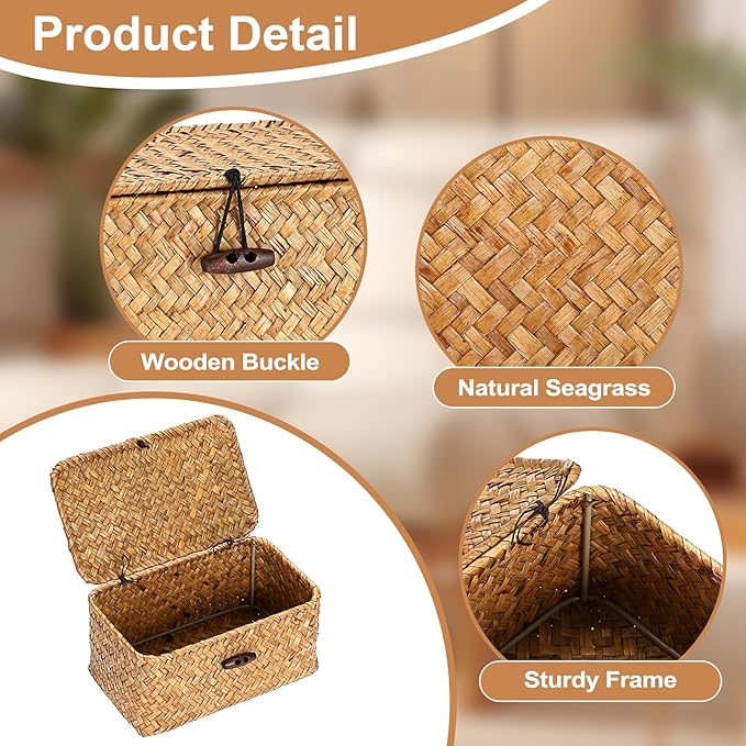 Hipiwe Mini Seagrass Basket with Lid Decorative Shelf Basket Box Multipurpose Desktop Organizer, Caramel 7.0" x 4.3" x 3.3"