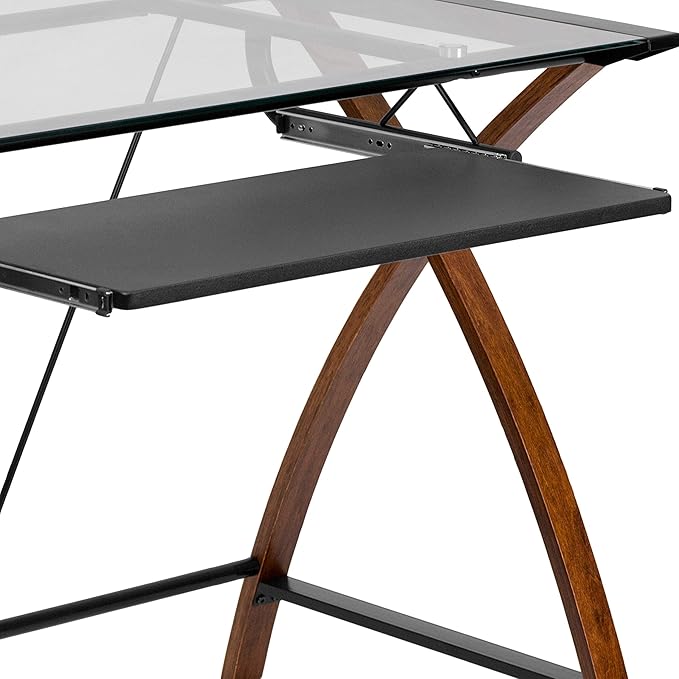 Flash Furniture Jude Tempered Glass Computer Desk with Pull-Out Keyboard Tray and Crisscross Frame, Small Computer Desk for Home Office, Cherry/Clear