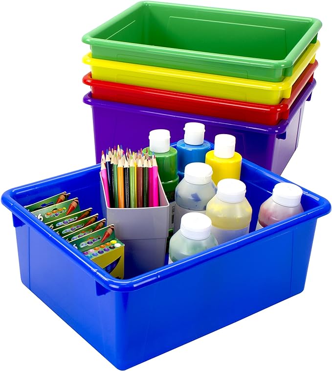 Storex Letter Size Deep Storage Tray – Organizer Bin for Classroom, Office and Home, Assorted Colors, 5-Pack (62530A05C), 10 x 13 x 5 Inches