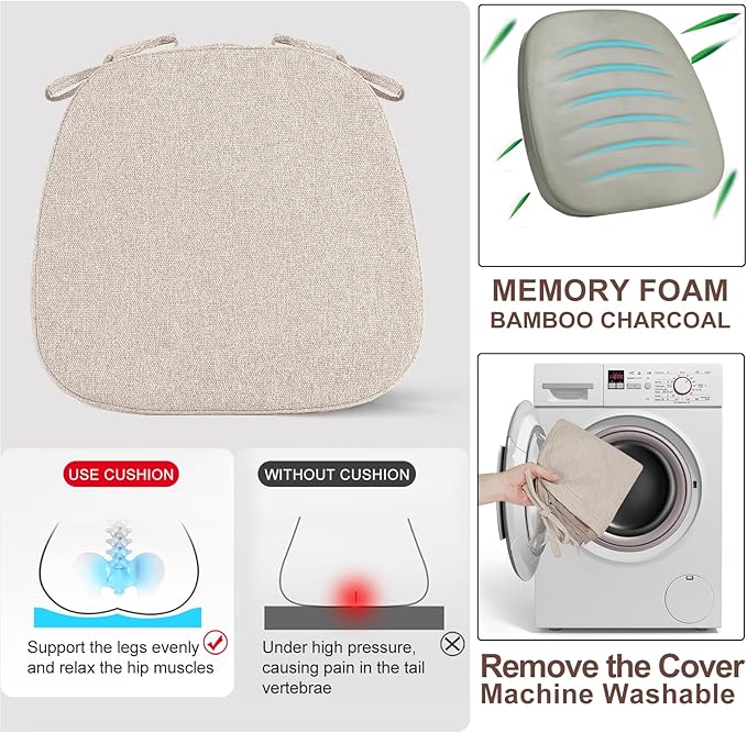 SINOSSO 1 Pack Memory Foam Chair Cushions for Dining Chair, Friendly Woven Fabric 16" U-Shape Comfortable Kitchen Chair Pad, Removable Slip Resistant Seat Cushion (1 Piece, Oatmeal Beige)