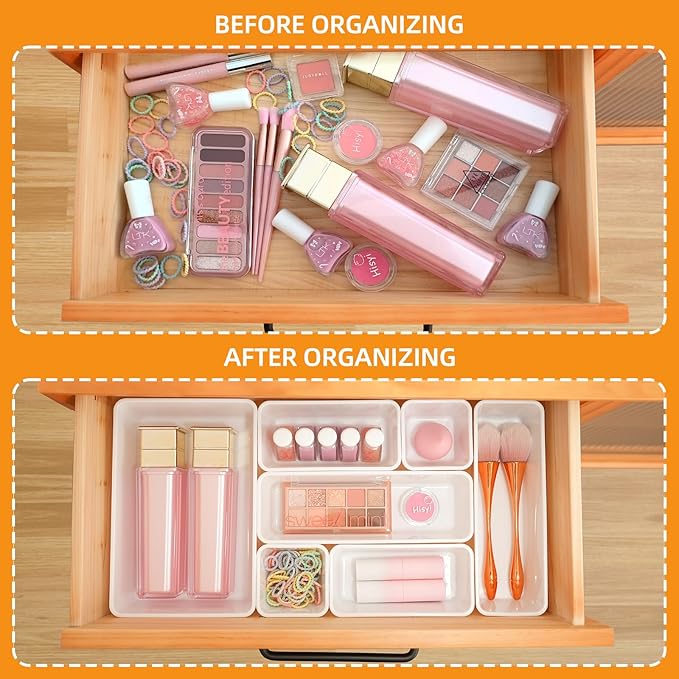 Kitchen Desk Drawer Organizers Storage for Office, Small Acrylic Vanity Trays Makeup for Drawer Bathroom Plastic Make up Organizers 25 Pcs White