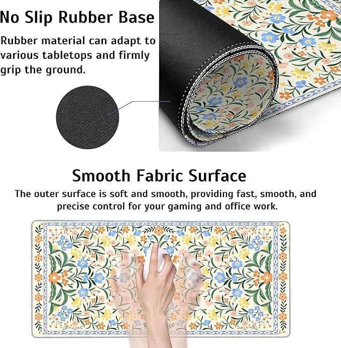 Green Floral Mouse Pad,35.4 x 15.7 Inch Large Mouse Mat Non-Slip Rubber Stitched Edges for Writing Desk,Office,Home,Laptop