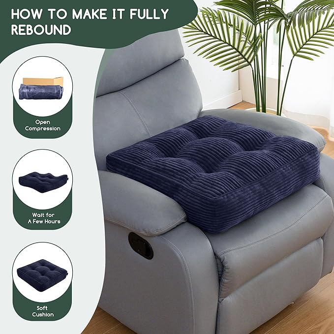 HIGOGOGO Tufted Corduroy Recliner Seat Cushion for Elderly, 20x20x5 Inch Large Square Seat Cushion for Recliner Chair, Floor Pillow, Office Chair, Car, No Pressure on Thighs, Navy