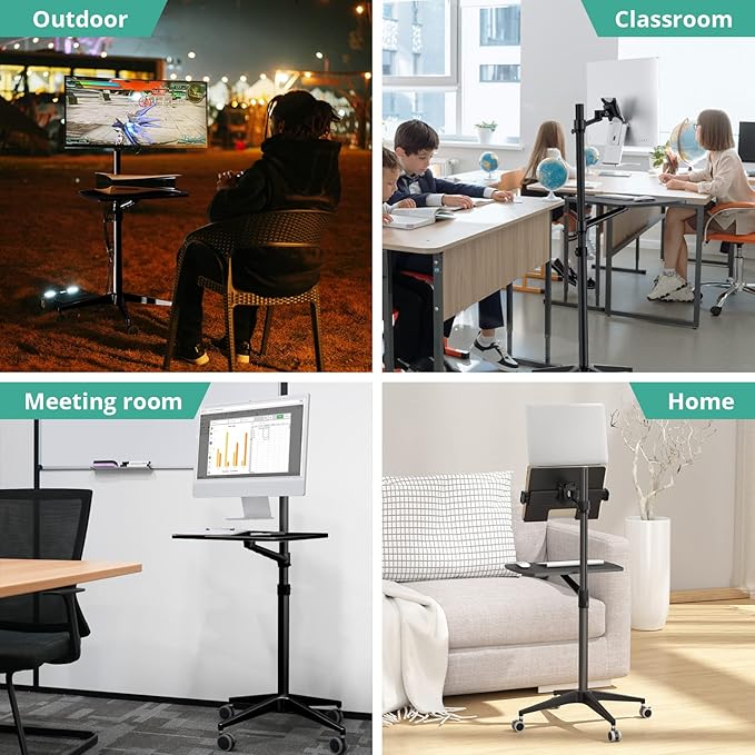 Viozon Mobile Desk,Mobile Workstation,Mulitiuse Rolling Laptop Floor Stand,34"-48.6" Height Adjustable,Compatible with 17"-27" Monitor&12"-17" Laptop,21"×14" Desk,Maxload 17.6lbs,4 Lockable Wheels B