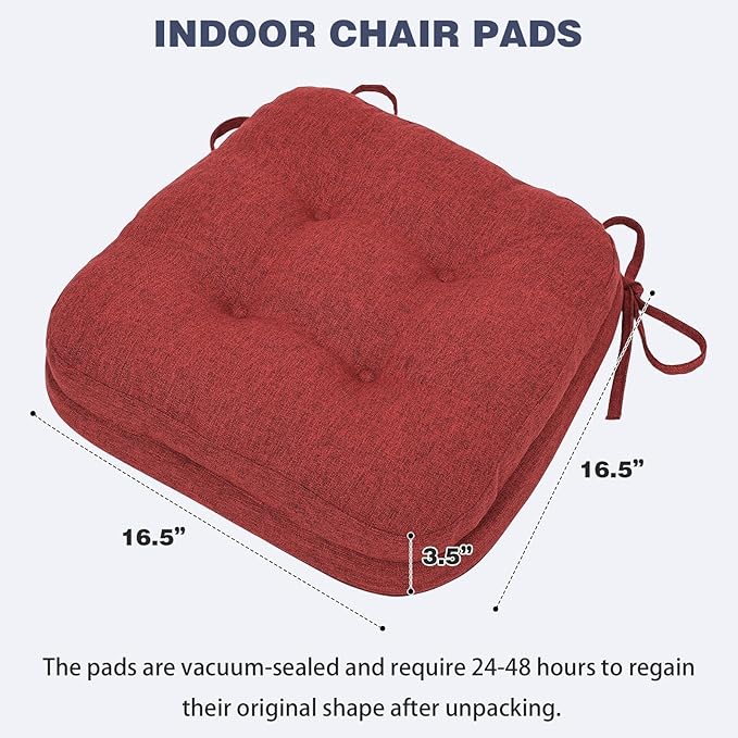 baibu Set of 2 Dining Chair Cushions, Dual-Layer Patent Design Memory Foam Kitchen Chair Cushions, Non-Slip Seat Pads with Ties, 16.5 x 16.5 x 3.5in, 2 Pack, Red