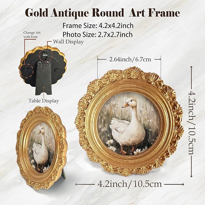 Farmhouse Duck Goose Round Picture Frame Wall Decor, Rustic Gold Mini Ornate Photo Frame for TableTop Desk 2.7in Photo,Vintage Framed Artwork for Walls Office Bedroom Cottage Shelf